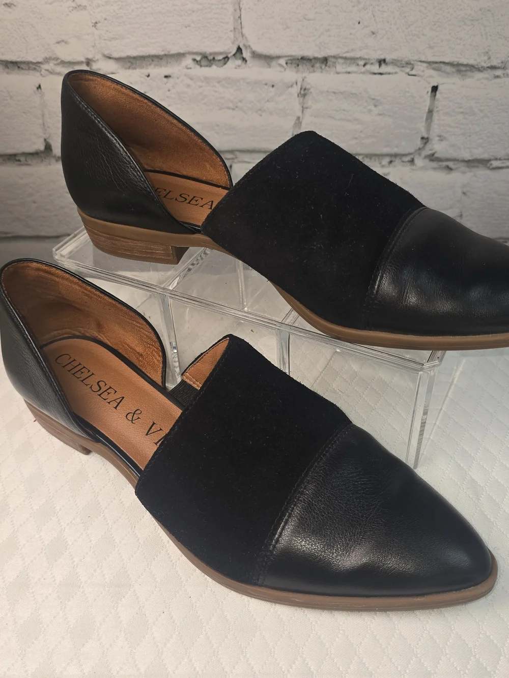 CHELSEA & VIOLET BLACK LEATHER PIPPA FLATS POINTED TOE d'ORSAY CUT OUT WOMENS 8M